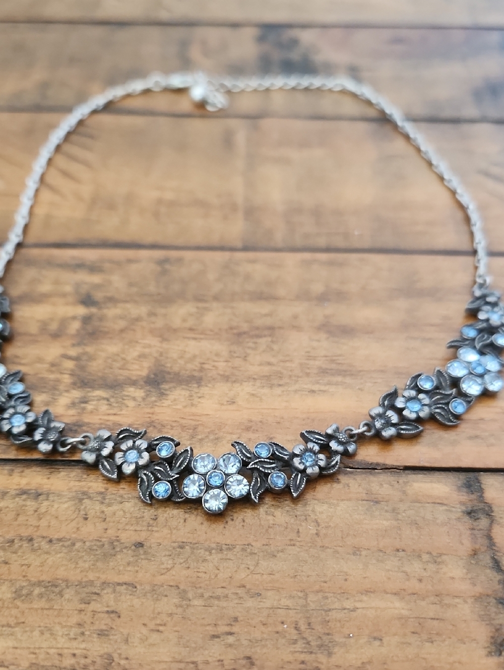Delicate Silver Floral Crystal Necklace - Light Blue Accents